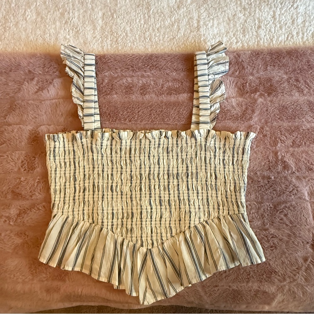American Eagle Outfitters Cream and Blue Striped Ruffle Tank Top